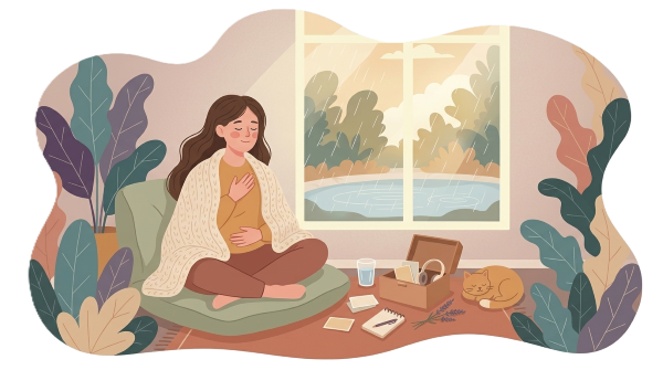 Ilustración de chica regulándose emocionalmente con el botiquín de primeros auxilios emocionales